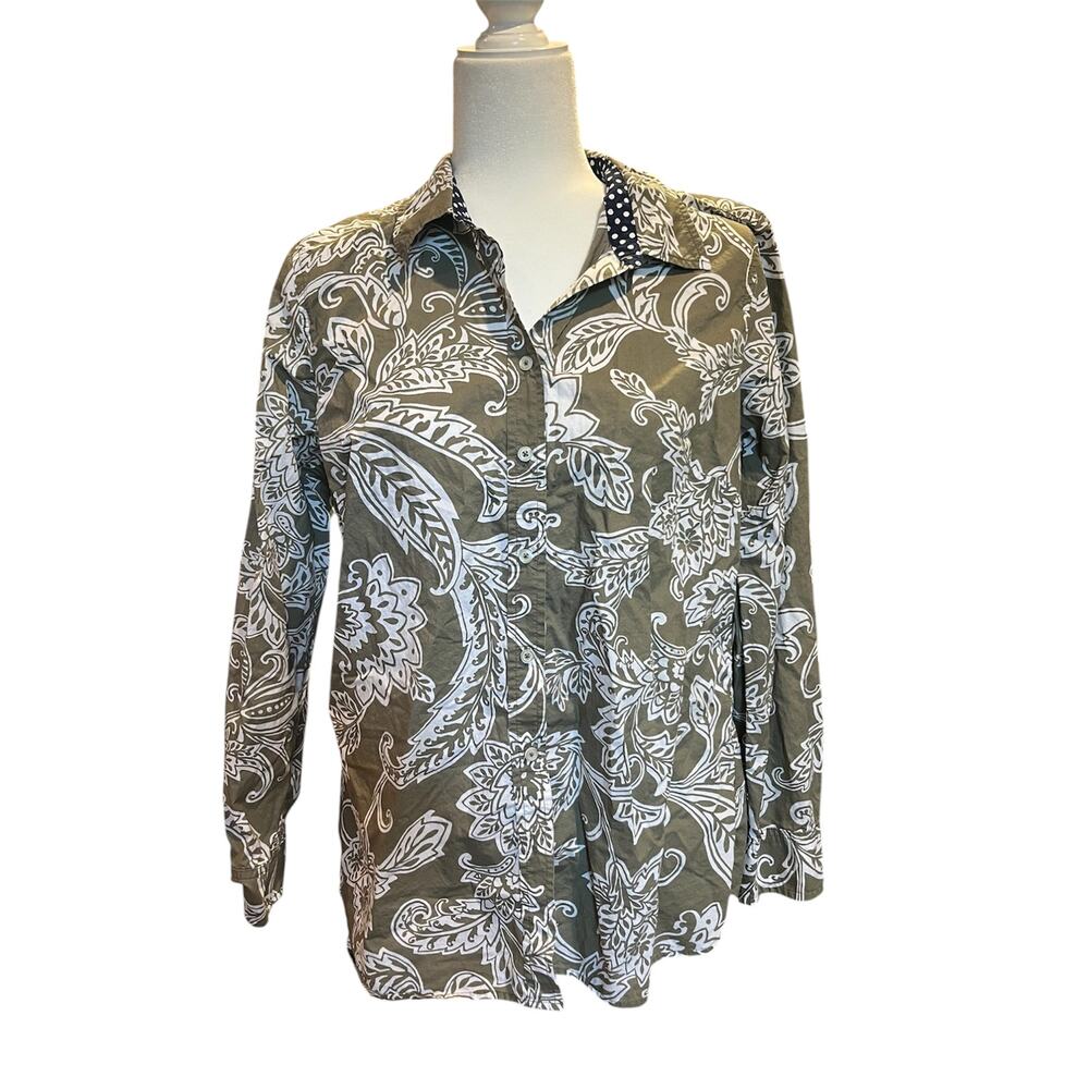 Talbots Paisley Blouse Women Medium Green Olive Button Down Western Polkadot